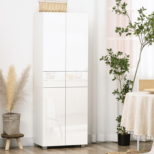 HOMCOM Armário de Cozinha Móvel Auxiliar de Cozinha com 4 Portas 2 Gavetas e Prateleiras Ajustáveis para Sala de Jantar Sala de Estar Estilo Moderno Anti-Tombo 60x35x170cm Branco