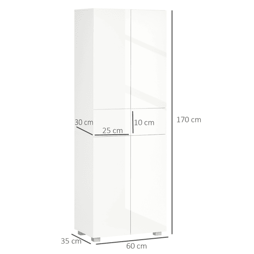 HOMCOM Armário de Cozinha Móvel Auxiliar de Cozinha com 4 Portas 2 Gavetas e Prateleiras Ajustáveis para Sala de Jantar Sala de Estar Estilo Moderno Anti-Tombo 60x35x170cm Branco