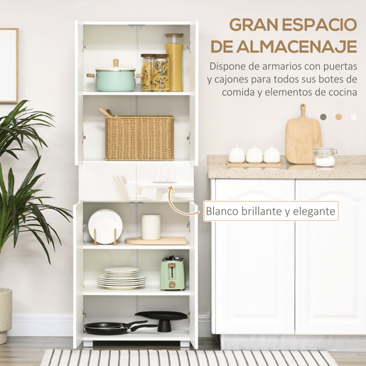 HOMCOM Armário de Cozinha Móvel Auxiliar de Cozinha com 4 Portas 2 Gavetas e Prateleiras Ajustáveis para Sala de Jantar Sala de Estar Estilo Moderno Anti-Tombo 60x35x170cm Branco