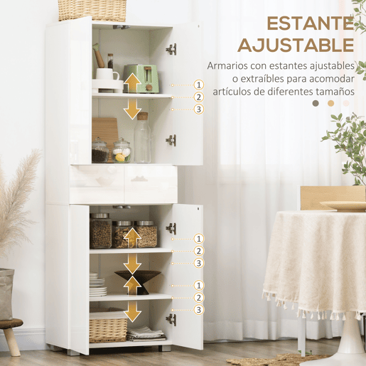 HOMCOM Armário de Cozinha Móvel Auxiliar de Cozinha com 4 Portas 2 Gavetas e Prateleiras Ajustáveis para Sala de Jantar Sala de Estar Estilo Moderno Anti-Tombo 60x35x170cm Branco