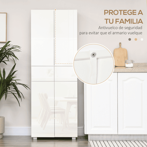 HOMCOM Armário de Cozinha Móvel Auxiliar de Cozinha com 4 Portas 2 Gavetas e Prateleiras Ajustáveis para Sala de Jantar Sala de Estar Estilo Moderno Anti-Tombo 60x35x170cm Branco