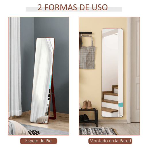 HOMCOM Espelho de pé de Corpo Inteiro Retangular Espelho de Parede com 2 Formas de Uso Estrutura de Madeira de Pinho para Dormitórios Sala de Estar Corredor 37x43x156cm Nogueira