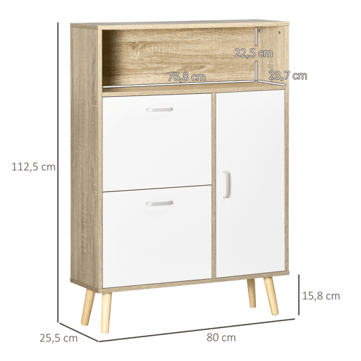 HOMCOM Sapateira para 8 Pares de Sapatos Móvel Sapateiro com 2 Gavetas Prateleira Aberta e Porta para Corredor Entrada Dormitório 80x25,5x112,5cm Madeira e Branco