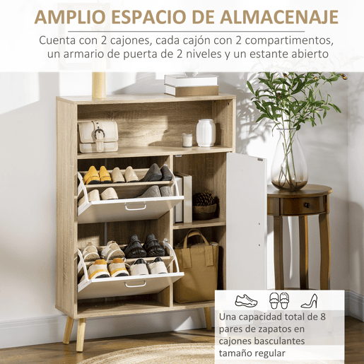 HOMCOM Sapateira para 8 Pares de Sapatos Móvel Sapateiro com 2 Gavetas Prateleira Aberta e Porta para Corredor Entrada Dormitório 80x25,5x112,5cm Madeira e Branco