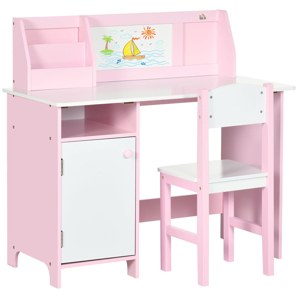 Homcom juego de mesa y silla infantil de madera con pizarra blanca mesa de estudio para niños de +5 años mueble escritorio infantil 90x45x85 cm rosa