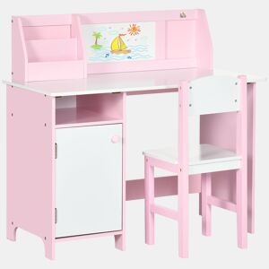 HOMCOM Conjunto de Mesa e Cadeira Infantil de Madeira com Quadro Branco Mesa de Estudo para Crianças acima de 5 Anos 90x45x85cm Rosa