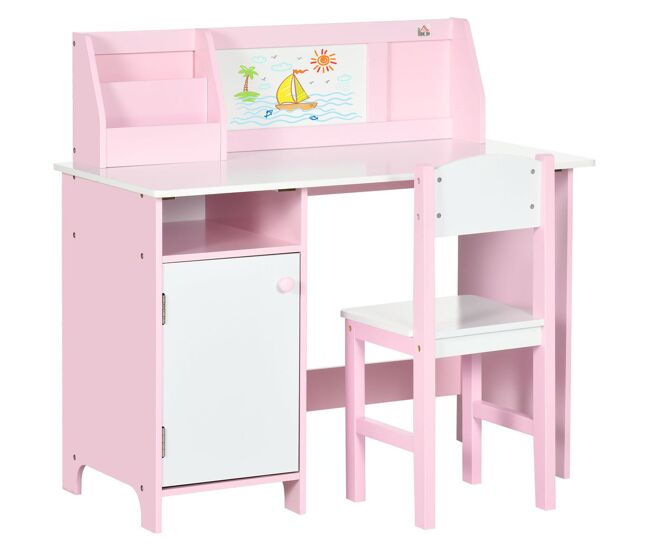 Homcom juego de mesa y silla infantil de madera con pizarra blanca mesa de estudio para niños de +5 años mueble escritorio infantil 90x45x85 cm rosa