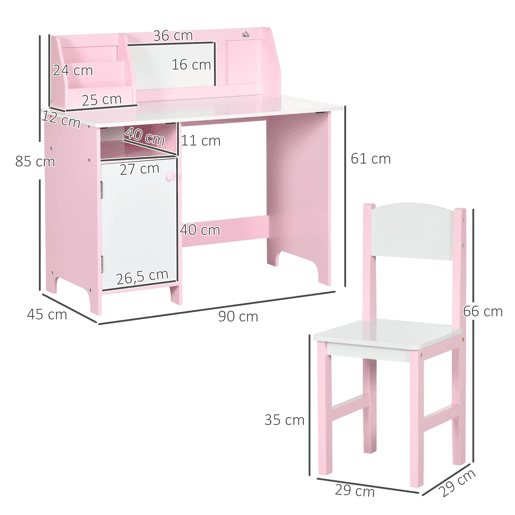 HOMCOM Conjunto de Mesa e Cadeira Infantil de Madeira com Quadro Branco Mesa de Estudo para Crianças acima de 5 Anos 90x45x85cm Rosa