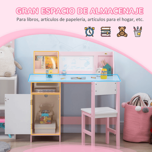HOMCOM Conjunto de Mesa e Cadeira Infantil de Madeira com Quadro Branco Mesa de Estudo para Crianças acima de 5 Anos 90x45x85cm Rosa