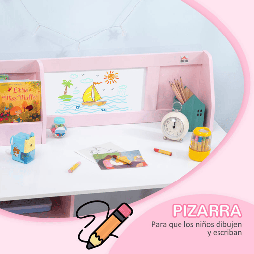 HOMCOM Conjunto de Mesa e Cadeira Infantil de Madeira com Quadro Branco Mesa de Estudo para Crianças acima de 5 Anos 90x45x85cm Rosa