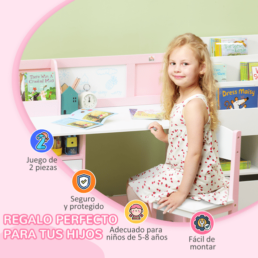 HOMCOM Conjunto de Mesa e Cadeira Infantil de Madeira com Quadro Branco Mesa de Estudo para Crianças acima de 5 Anos 90x45x85cm Rosa