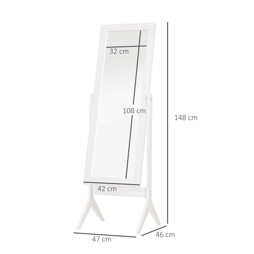 HOMCOM Espelho de Pé para Maquilhagem Reclinável com Estrutura de Madeira para Dormitório Vestidor 47x46x148cm Branco