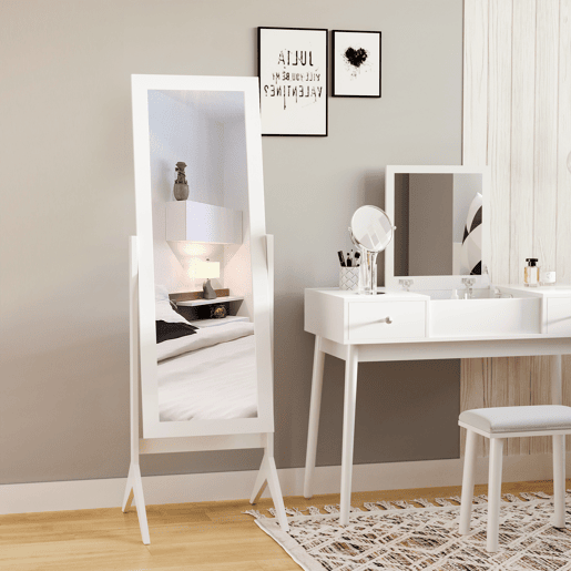 HOMCOM Espelho de Pé para Maquilhagem Reclinável com Estrutura de Madeira para Dormitório Vestidor 47x46x148cm Branco