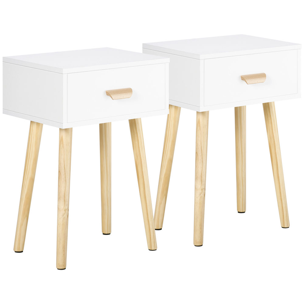 Homcom juego de 2 mesitas de noche mesillas de noche con cajón y patas de madera para dormitorio salón cama oficina estilo moderno 40,5x30,5x60 cm blanco