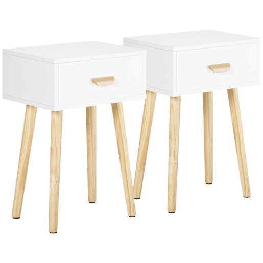 HOMCOM Conjunto de 2 Mesas de Cabeceira com Gaveta e Pés de Madeira para Dormitório Sala de Estar Escritório Estilo Moderno 40,5x30,5x60cm Branco e Madeira