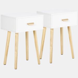 HOMCOM Conjunto de 2 Mesas de Cabeceira com Gaveta e Pés de Madeira para Dormitório Sala de Estar Escritório Estilo Moderno 40,5x30,5x60cm Branco e Madeira