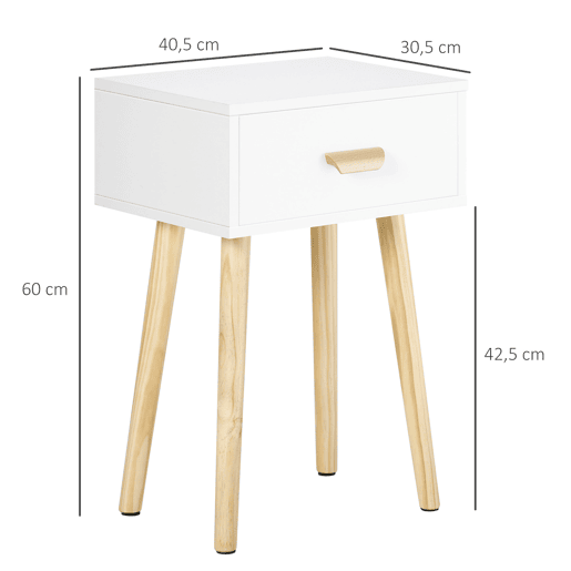 HOMCOM Conjunto de 2 Mesas de Cabeceira com Gaveta e Pés de Madeira para Dormitório Sala de Estar Escritório Estilo Moderno 40,5x30,5x60cm Branco e Madeira