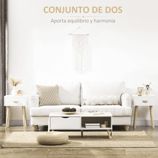 HOMCOM Conjunto de 2 Mesas de Cabeceira com Gaveta e Pés de Madeira para Dormitório Sala de Estar Escritório Estilo Moderno 40,5x30,5x60cm Branco e Madeira
