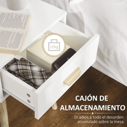 HOMCOM Conjunto de 2 Mesas de Cabeceira com Gaveta e Pés de Madeira para Dormitório Sala de Estar Escritório Estilo Moderno 40,5x30,5x60cm Branco e Madeira
