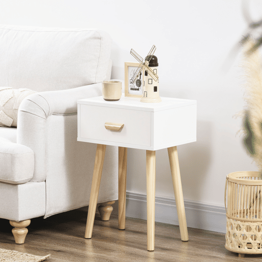HOMCOM Conjunto de 2 Mesas de Cabeceira com Gaveta e Pés de Madeira para Dormitório Sala de Estar Escritório Estilo Moderno 40,5x30,5x60cm Branco e Madeira