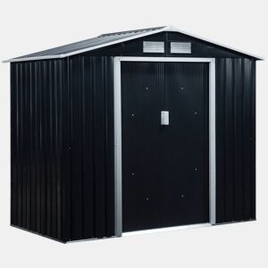 Outsunny Abrigo de Jardim 213x130x185cm Abrigo de Jardim Metálico de Exterior para Armazenamento de Ferramentas com 2 Portas Deslizantes e 4 Janelas para Terraço Cinza Escuro