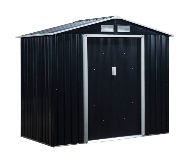 Outsunny cobertizo de jardín 2,42m² con base de refuerzo sin suelo 213x130x185 cm caseta de jardín exterior con 2 puertas correderas y 4 ventanas para almacenamiento de herramientas gris oscuro