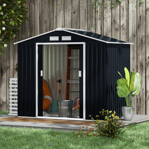 Outsunny Abrigo de Jardim 213x130x185cm Abrigo de Jardim Metálico de Exterior para Armazenamento de Ferramentas com 2 Portas Deslizantes e 4 Janelas para Terraço Cinza Escuro