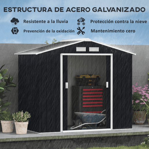 Outsunny Abrigo de Jardim 213x130x185cm Abrigo de Jardim Metálico de Exterior para Armazenamento de Ferramentas com 2 Portas Deslizantes e 4 Janelas para Terraço Cinza Escuro