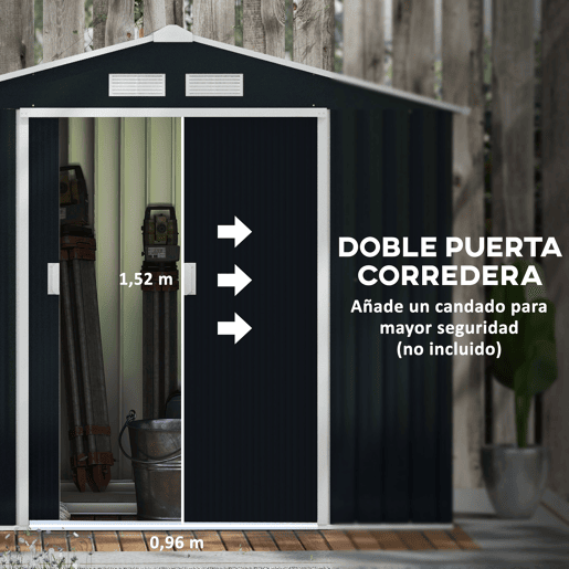 Outsunny Abrigo de Jardim 213x130x185cm Abrigo de Jardim Metálico de Exterior para Armazenamento de Ferramentas com 2 Portas Deslizantes e 4 Janelas para Terraço Cinza Escuro