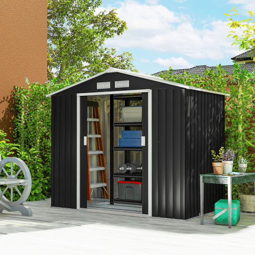 Outsunny Abrigo de Jardim 213x130x185cm Abrigo de Jardim Metálico de Exterior para Armazenamento de Ferramentas com 2 Portas Deslizantes e 4 Janelas para Terraço Cinza Escuro