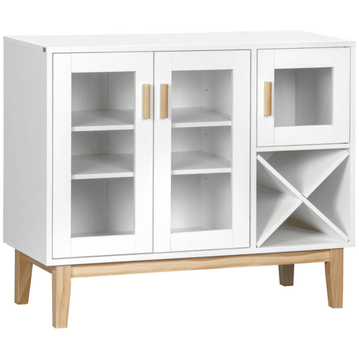 HOMCOM Aparador de Cozinha com 3 Portas de Vidro e Suporte para Garrafas em Forma de X para 4 Garrafas Móvel Buffet Auxiliar para Sala de Jantar Estilo Moderno Anti-Tombo 90x37x75cm Branco