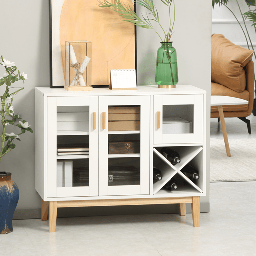 HOMCOM Aparador de Cozinha com 3 Portas de Vidro e Suporte para Garrafas em Forma de X para 4 Garrafas Móvel Buffet Auxiliar para Sala de Jantar Estilo Moderno Anti-Tombo 90x37x75cm Branco