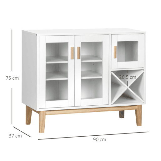 HOMCOM Aparador de Cozinha com 3 Portas de Vidro e Suporte para Garrafas em Forma de X para 4 Garrafas Móvel Buffet Auxiliar para Sala de Jantar Estilo Moderno Anti-Tombo 90x37x75cm Branco
