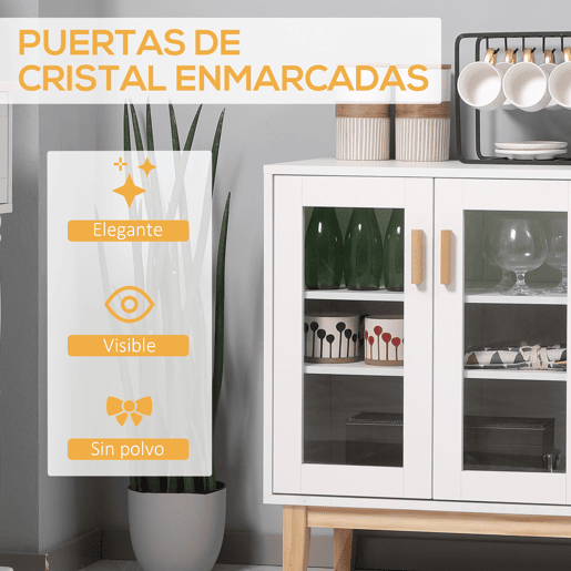 HOMCOM Aparador de Cozinha com 3 Portas de Vidro e Suporte para Garrafas em Forma de X para 4 Garrafas Móvel Buffet Auxiliar para Sala de Jantar Estilo Moderno Anti-Tombo 90x37x75cm Branco