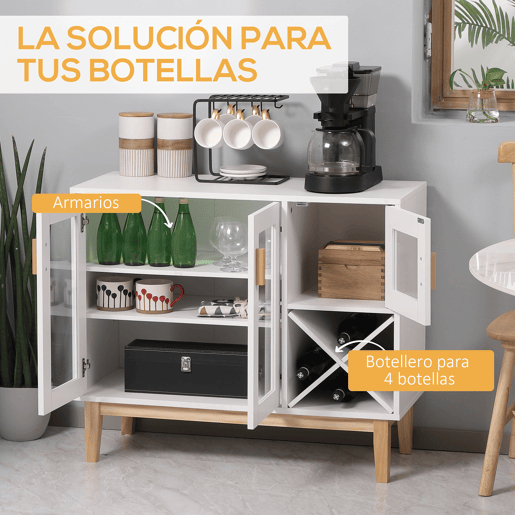 HOMCOM Aparador de Cozinha com 3 Portas de Vidro e Suporte para Garrafas em Forma de X para 4 Garrafas Móvel Buffet Auxiliar para Sala de Jantar Estilo Moderno Anti-Tombo 90x37x75cm Branco
