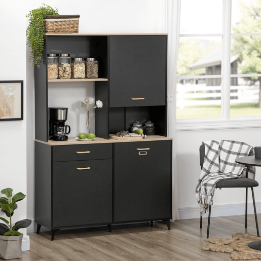 HOMCOM Armário de Cozinha Aparador de Sala de Jantar com 1 Gaveta 3 Portas e Armazenamento Aberto Móvel Auxiliar para Microondas de Estilo Moderno 119x41x180cm Preto