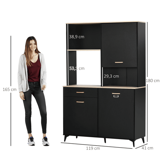 HOMCOM Armário de Cozinha Aparador de Sala de Jantar com 1 Gaveta 3 Portas e Armazenamento Aberto Móvel Auxiliar para Microondas de Estilo Moderno 119x41x180cm Preto