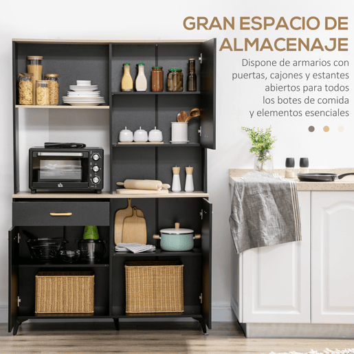 HOMCOM Armário de Cozinha Aparador de Sala de Jantar com 1 Gaveta 3 Portas e Armazenamento Aberto Móvel Auxiliar para Microondas de Estilo Moderno 119x41x180cm Preto