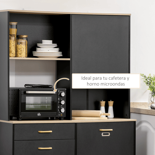 HOMCOM Armário de Cozinha Aparador de Sala de Jantar com 1 Gaveta 3 Portas e Armazenamento Aberto Móvel Auxiliar para Microondas de Estilo Moderno 119x41x180cm Preto