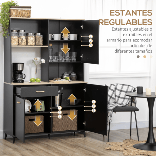 HOMCOM Armário de Cozinha Aparador de Sala de Jantar com 1 Gaveta 3 Portas e Armazenamento Aberto Móvel Auxiliar para Microondas de Estilo Moderno 119x41x180cm Preto