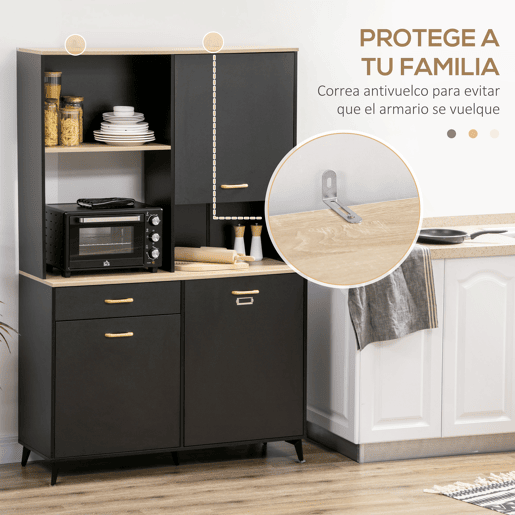HOMCOM Armário de Cozinha Aparador de Sala de Jantar com 1 Gaveta 3 Portas e Armazenamento Aberto Móvel Auxiliar para Microondas de Estilo Moderno 119x41x180cm Preto