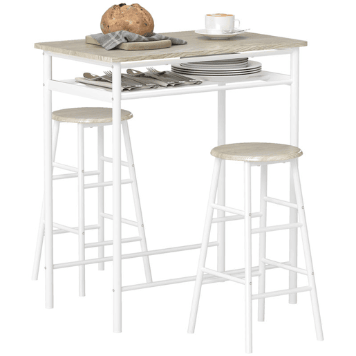 HOMCOM Conjunto de Móvel Bar Conjunto de Mesa Alta e 2 Bancos com Prateleira de Armazenamento e Estrutura de Metal para Cozinha Sala de Jantar 80x50x90cm Branco e Madeira
