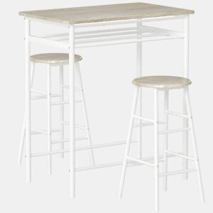 HOMCOM Conjunto de Móvel Bar Conjunto de Mesa Alta e 2 Bancos com Prateleira de Armazenamento e Estrutura de Metal para Cozinha Sala de Jantar 80x50x90cm Branco e Madeira