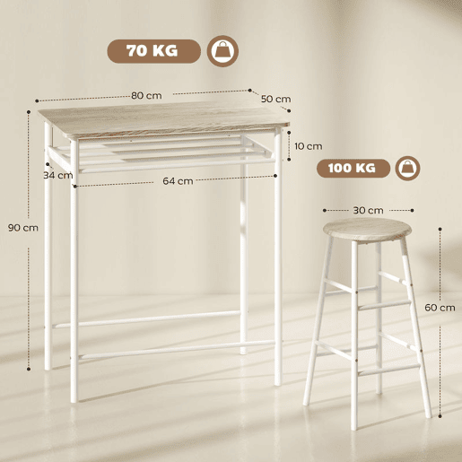 HOMCOM Conjunto de Móvel Bar Conjunto de Mesa Alta e 2 Bancos com Prateleira de Armazenamento e Estrutura de Metal para Cozinha Sala de Jantar 80x50x90cm Branco e Madeira