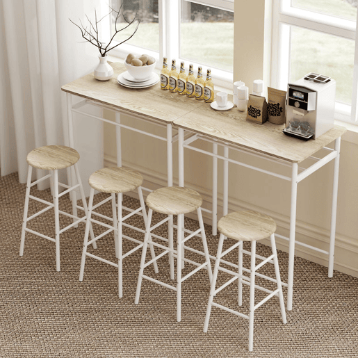 HOMCOM Conjunto de Móvel Bar Conjunto de Mesa Alta e 2 Bancos com Prateleira de Armazenamento e Estrutura de Metal para Cozinha Sala de Jantar 80x50x90cm Branco e Madeira