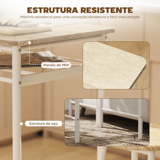 HOMCOM Conjunto de Móvel Bar Conjunto de Mesa Alta e 2 Bancos com Prateleira de Armazenamento e Estrutura de Metal para Cozinha Sala de Jantar 80x50x90cm Branco e Madeira