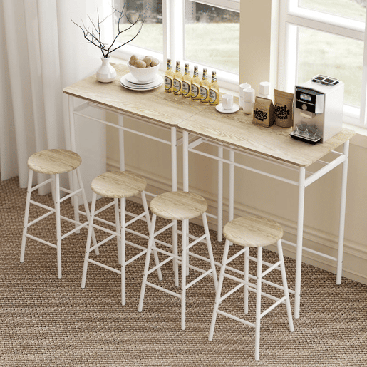 HOMCOM Conjunto de Móvel Bar Conjunto de Mesa Alta e 2 Bancos com Prateleira de Armazenamento e Estrutura de Metal para Cozinha Sala de Jantar 80x50x90cm Branco e Madeira