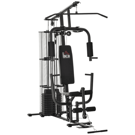 HOMCOM Multi Estação de Musculação com Estribo para Pernas Placas de Peso de 45kg Carga Máxima 120kg para Treinamento Fitness em Casa Academia 150x110x210cm Preto
