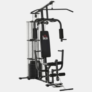 HOMCOM Multi Estação de Musculação com Estribo para Pernas Placas de Peso de 45kg Carga Máxima 120kg para Treinamento Fitness em Casa Academia 150x110x210cm Preto