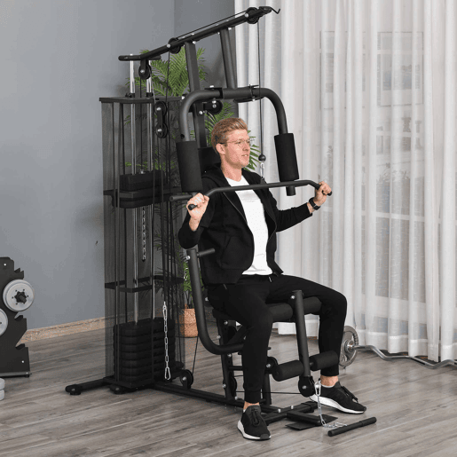 HOMCOM Multi Estação de Musculação com Estribo para Pernas Placas de Peso de 45kg Carga Máxima 120kg para Treinamento Fitness em Casa Academia 150x110x210cm Preto